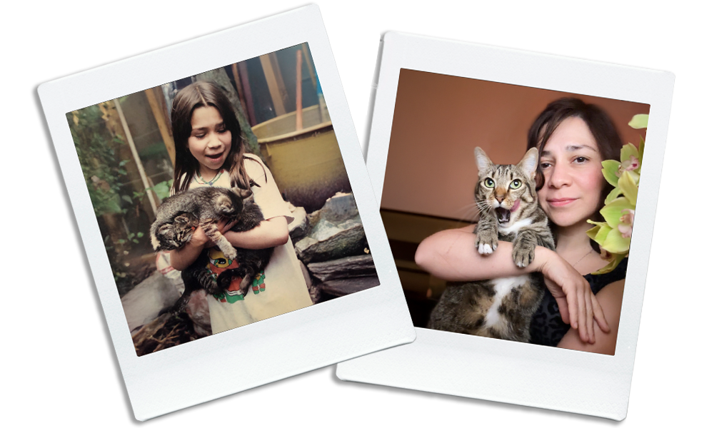 Julieta with cats - then and now